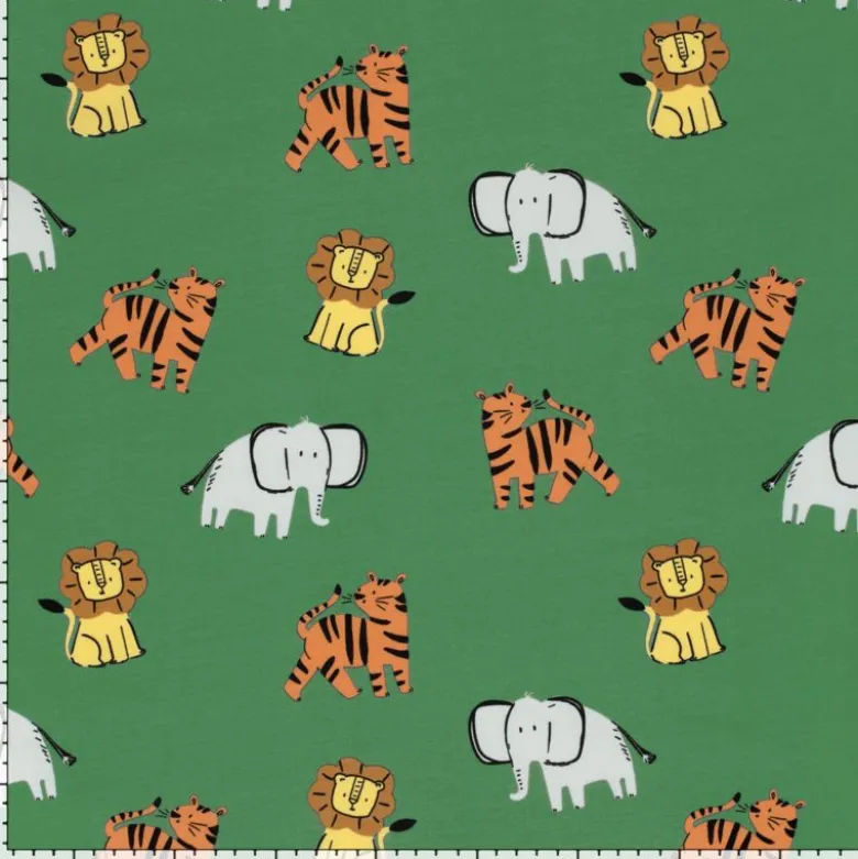 Tissu Jersey motif éléphants, tigres et lions fond vert - OEKO TEX