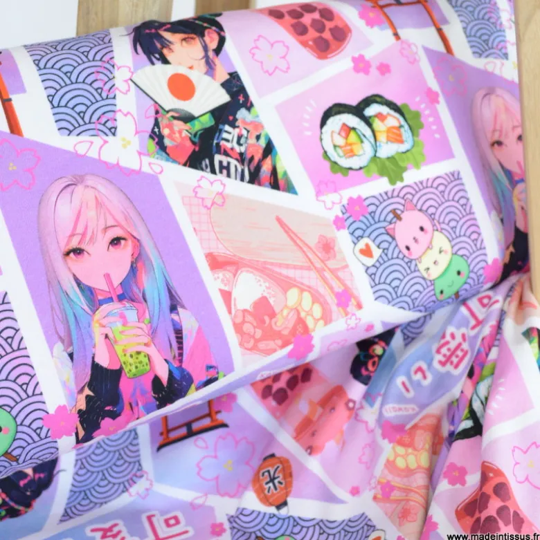 Tissu jersey motif Mangas Japonais Rose et Parme