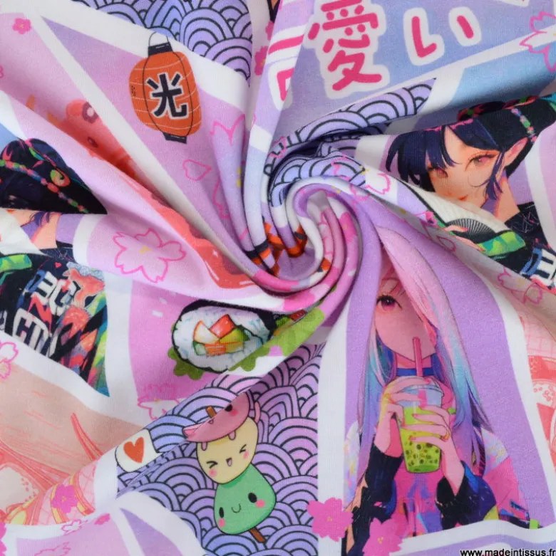 Tissu jersey motif Mangas Japonais Rose et Parme