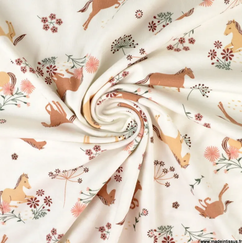 Tissu jersey motifs chevaux et fleurs fond blanc cassé - OEKO TEX