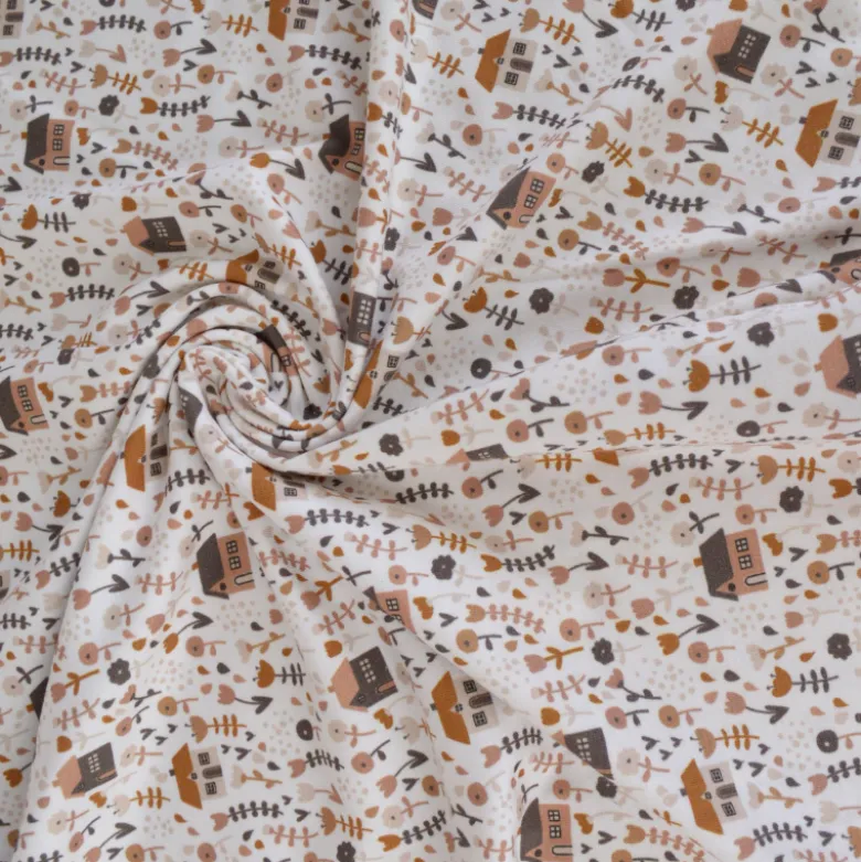 Tissu jersey petites maison et fleurs fond blanc cassé - OEKO TEX