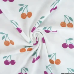 Tissu jersey Poppy motif cerises à paillettes fond blanc - OEKO TEX