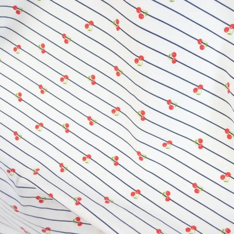 Tissu jersey à rayures bleues et cerises - OEKO TEX