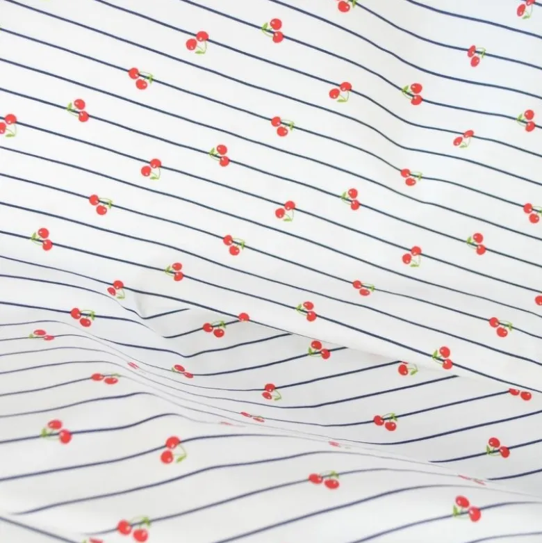 Tissu jersey à rayures bleues et cerises - OEKO TEX
