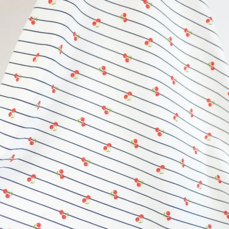 Tissu jersey à rayures bleues et cerises - OEKO TEX