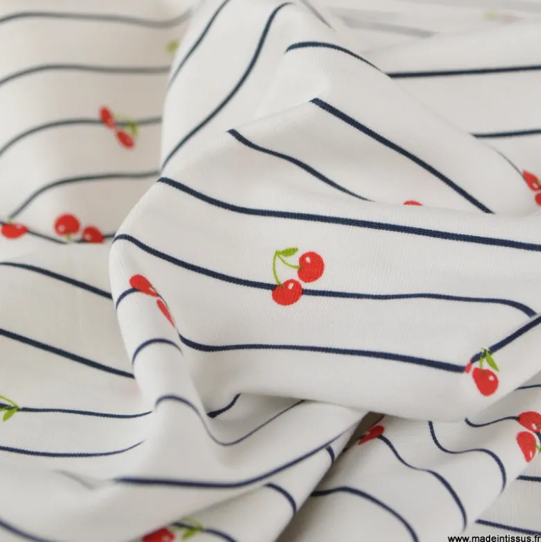Tissu jersey à rayures bleues et cerises - OEKO TEX