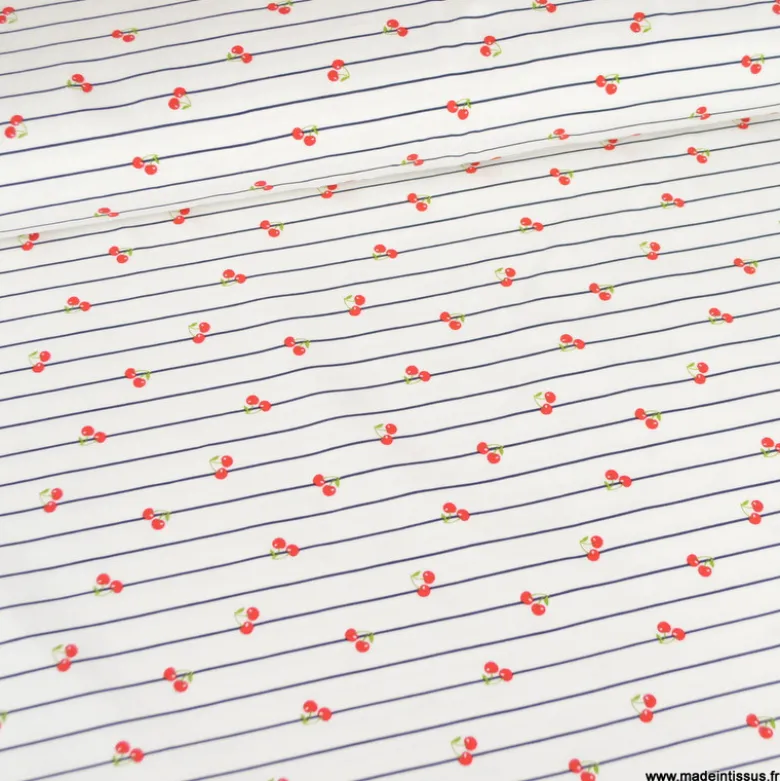 Tissu jersey à rayures bleues et cerises - OEKO TEX