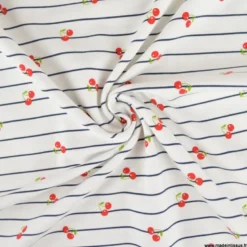 Tissu jersey à rayures bleues et cerises - OEKO TEX