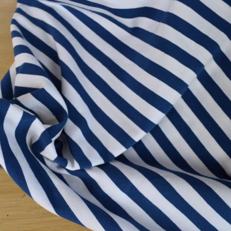 Tissu jersey à rayures larges type marinière Bleu Indigo et blanc - OEKO TEX