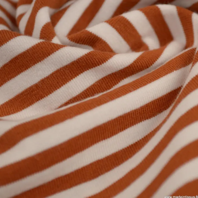 Tissu jersey à rayures type marinière Brique et blanc - OEKO TEX
