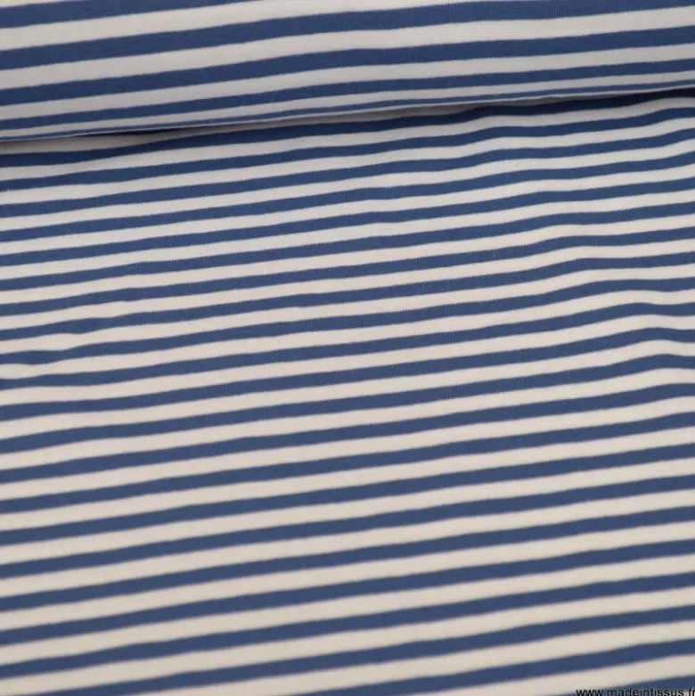 Tissu jersey à rayurestype marinière Indigo et blanc - OEKO TEX