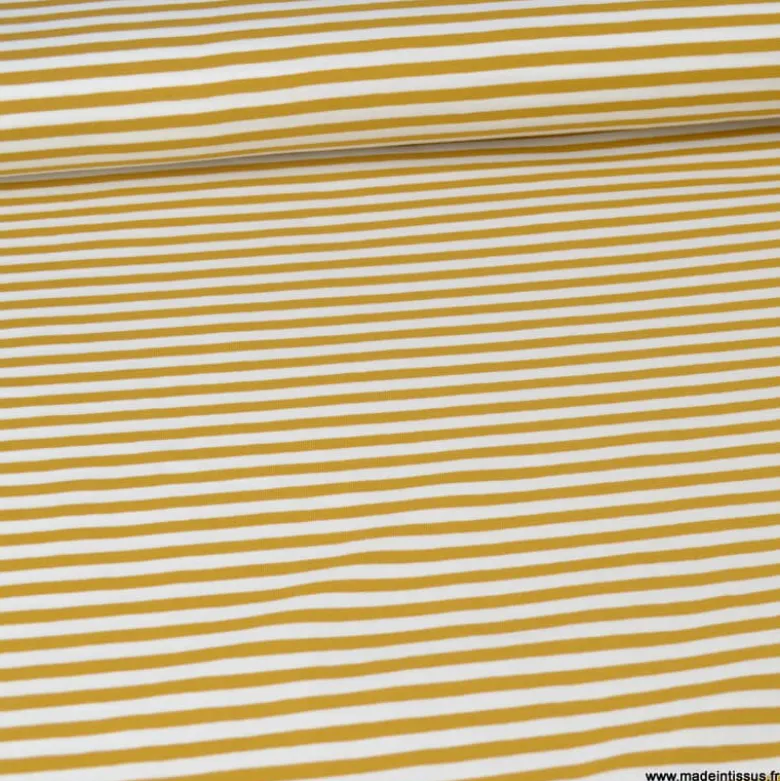 Tissu jersey à rayurestype marinière Moutarde et blanc - OEKO TEX