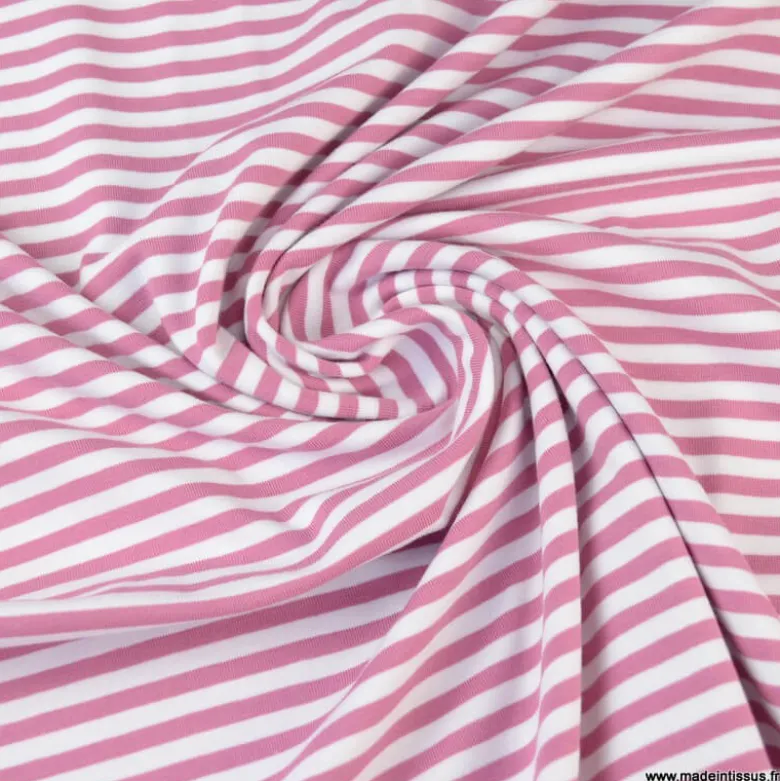 Tissu jersey à rayurestype marinière Vieux rose et blanc - OEKO TEX