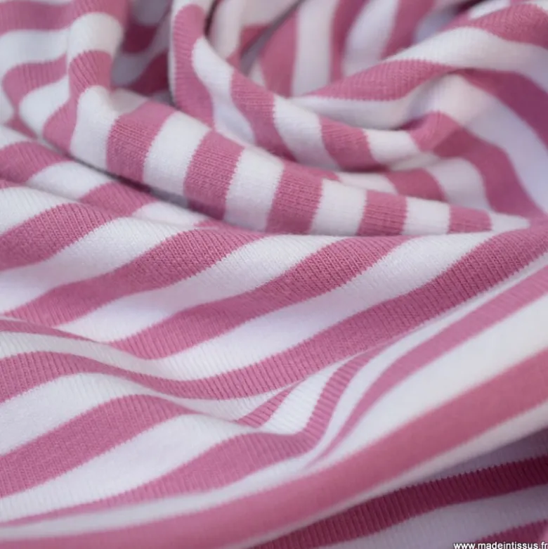 Tissu jersey à rayurestype marinière Vieux rose et blanc - OEKO TEX