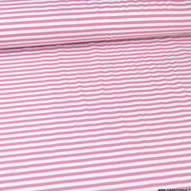 Tissu jersey à rayurestype marinière Vieux rose et blanc - OEKO TEX