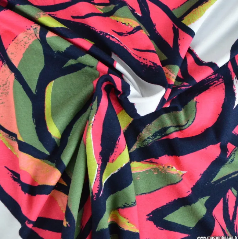 Tissu jersey viscose motif grandes feuilles Rose fuchsia