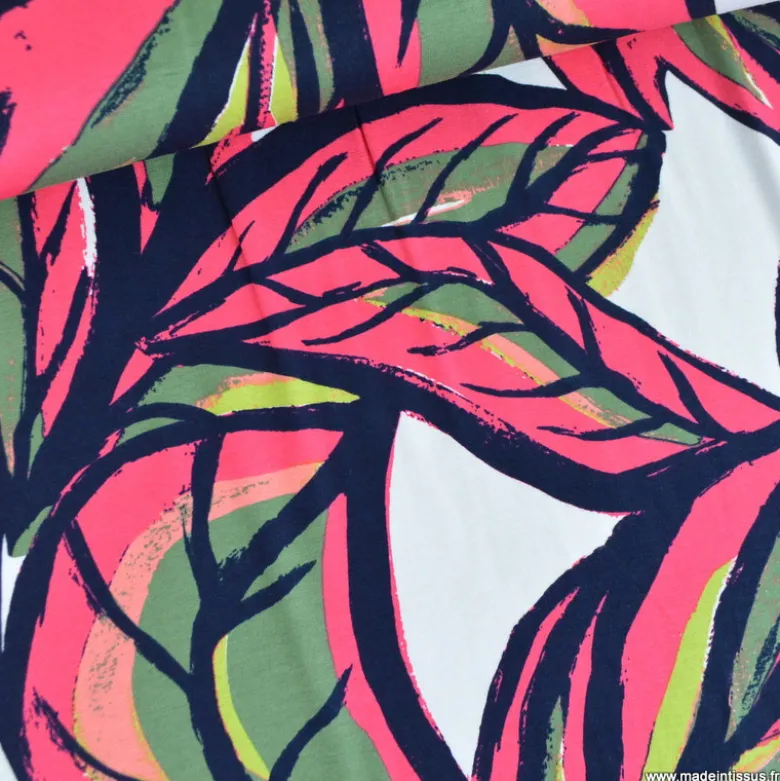 Tissu jersey viscose motif grandes feuilles Rose fuchsia