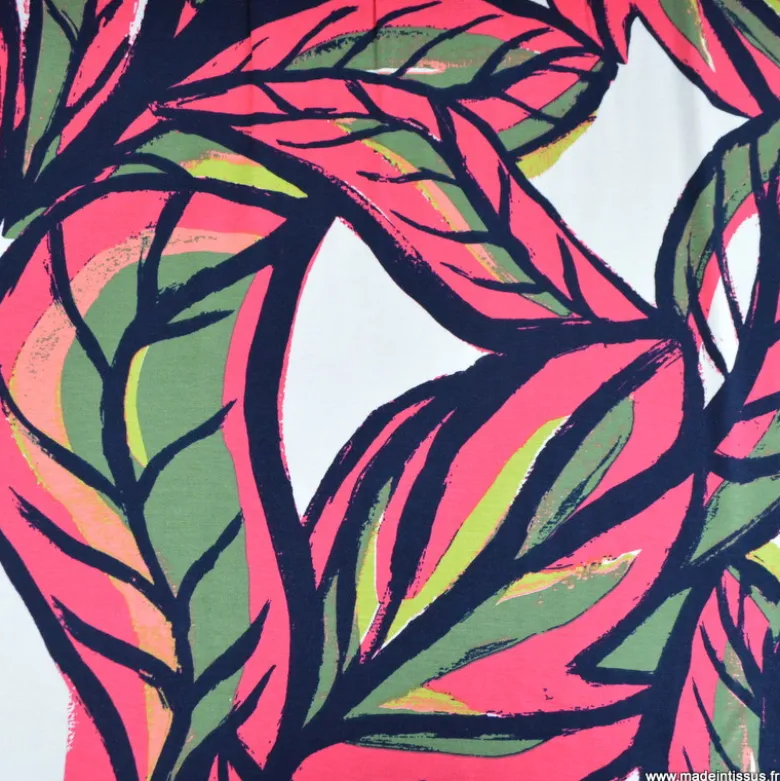 Tissu jersey viscose motif grandes feuilles Rose fuchsia