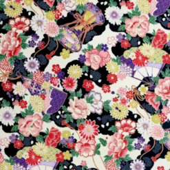 Tissu Kokka fleurs et tambours traditionnelles fond Noir "Japanese Fan"