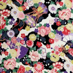 Tissu Kokka fleurs et tambours traditionnelles fond Noir "Japanese Fan"