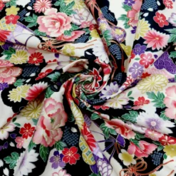 Tissu Kokka fleurs et tambours traditionnelles fond Noir 