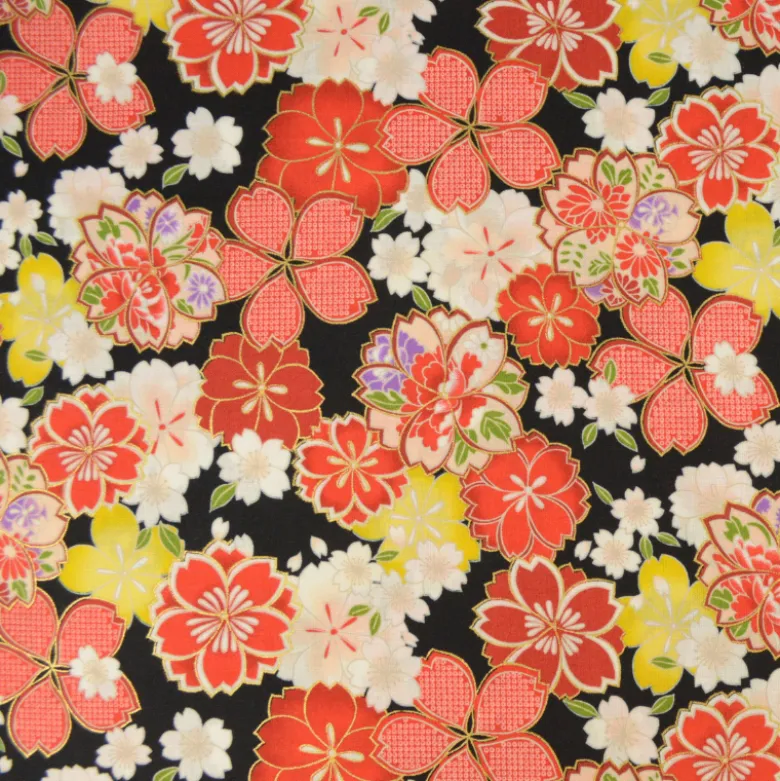 Tissu Kokka fleurs traditionnelles fond Noir "Japanese Fan"
