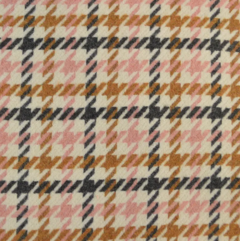 Tissu lainage pied de poule rose et camel fond écru