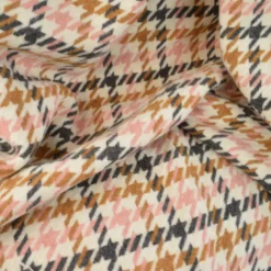 Tissu lainage pied de poule rose et camel fond écru