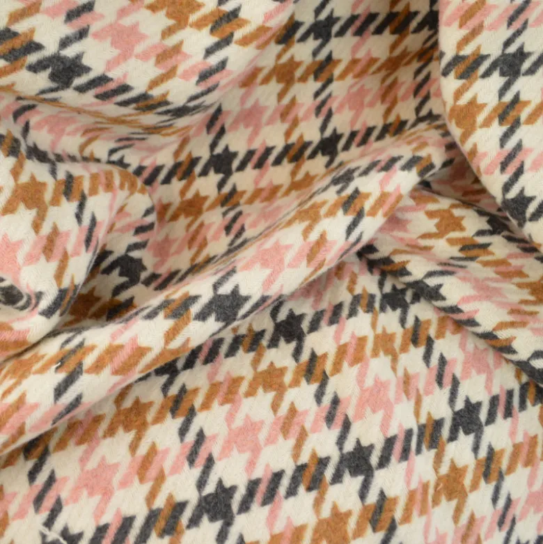 Tissu lainage pied de poule rose et camel fond écru