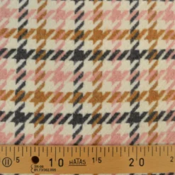 Tissu lainage pied de poule rose et camel fond écru