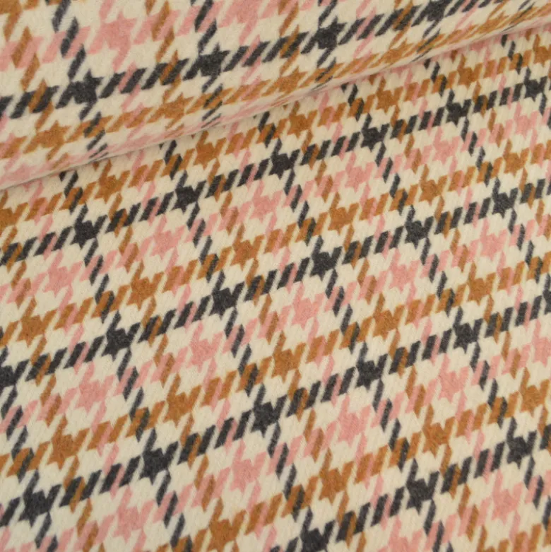 Tissu lainage pied de poule rose et camel fond écru