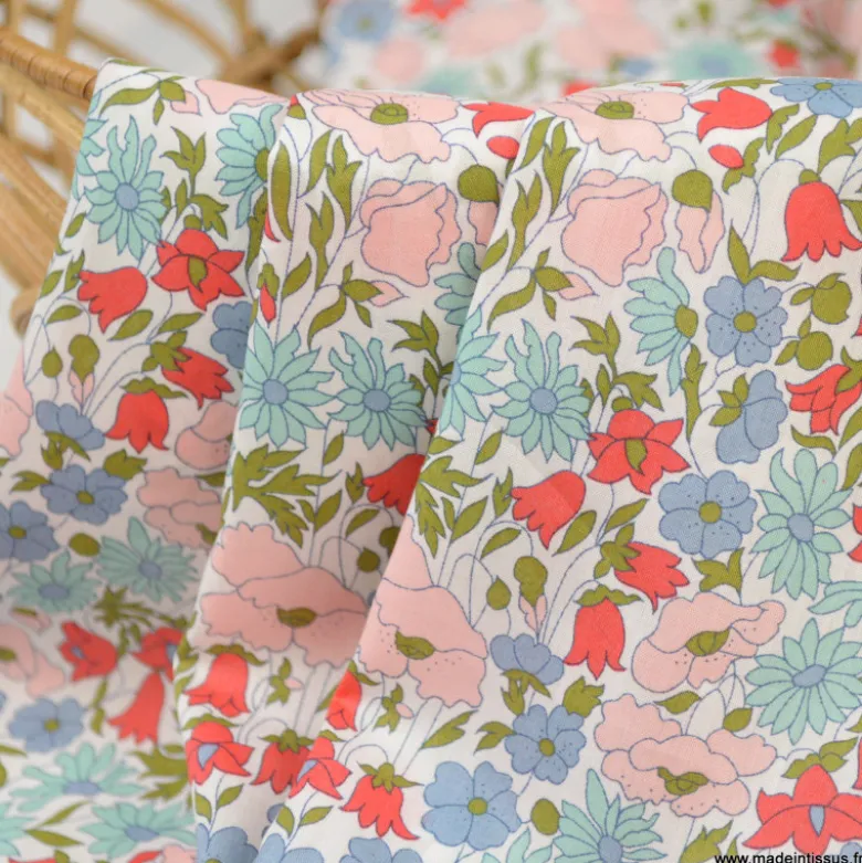 Tissu Liberty Poppy and Daisy Bleu, vert et rose - OEKO TEX