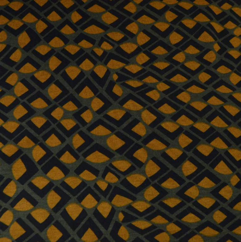 Tissu maille milano motif graphique ocre sur fond kaki - Oeko-Tex