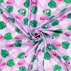 Tissu maillot de bain - flamants roses et feuilles vertes - OEKO TEX