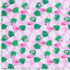 Tissu maillot de bain - flamants roses et feuilles vertes - OEKO TEX