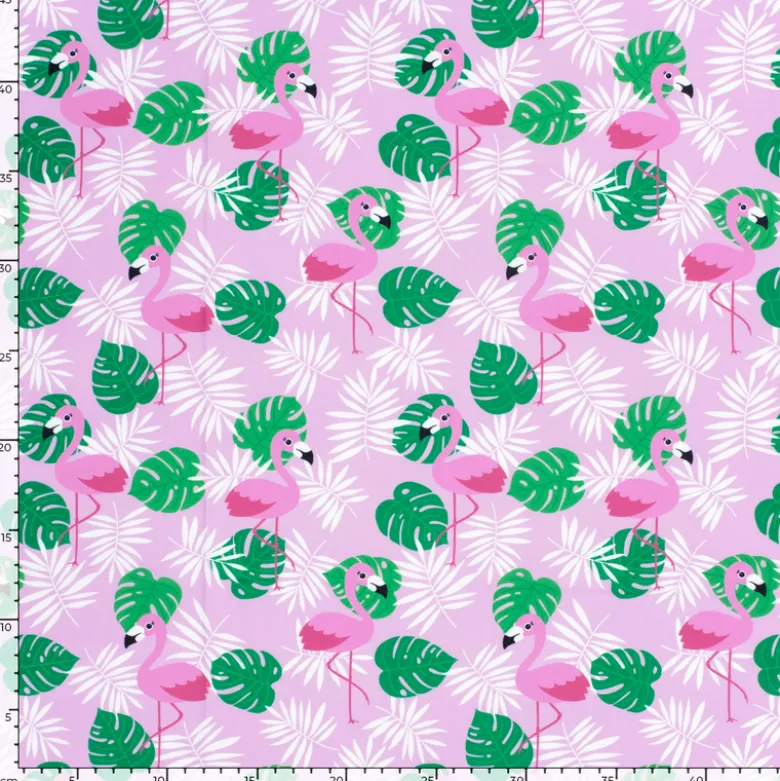 Tissu maillot de bain - flamants roses et feuilles vertes - OEKO TEX