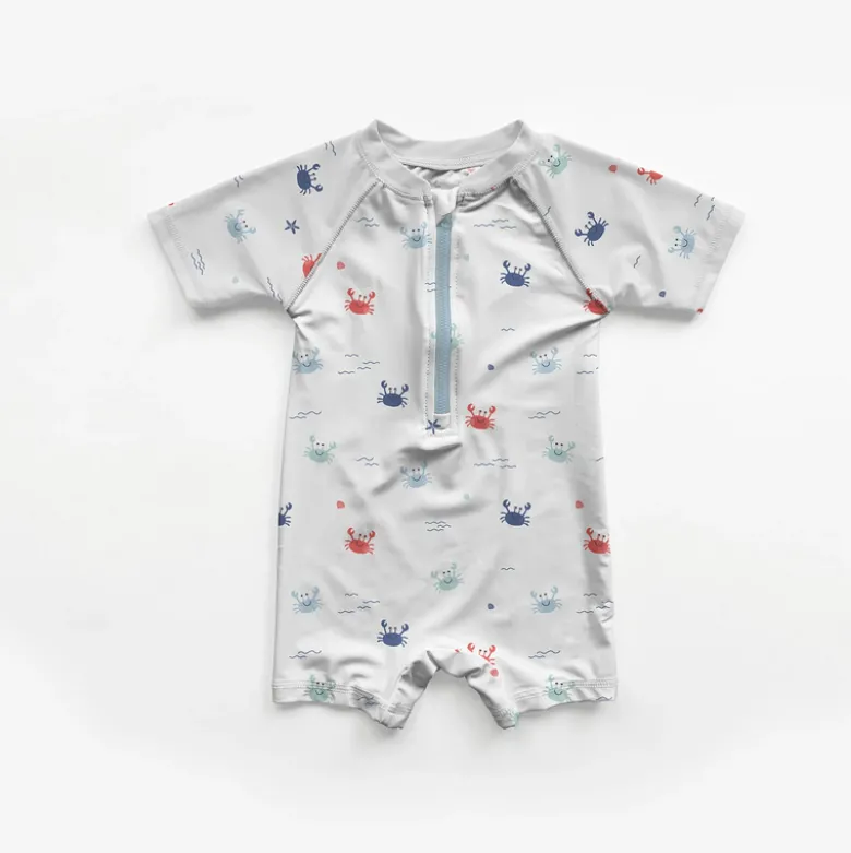 Tissu maillot de bain motif crabes fond blanc - OEKO TEX