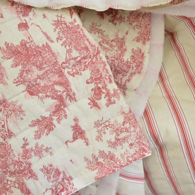 Tissu Matelassé coton vertical Toile de Jouy Bleu et lin