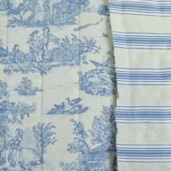 Tissu Matelassé coton vertical Toile de Jouy Bleu et lin