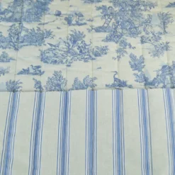 Tissu Matelassé coton vertical Toile de Jouy Bleu et lin