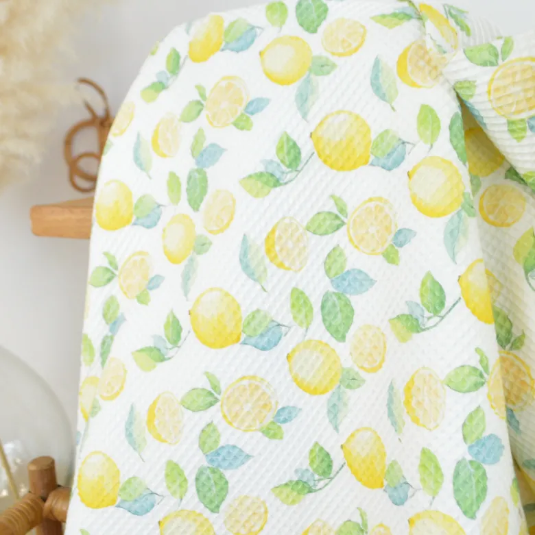Tissu nid d'abeille motif citrons fond blanc - Poppy