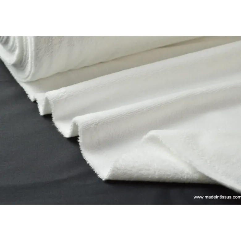 Tissu éponge blanc, 1 face velours - 1 face éponge. Ultra douce - OEKO TEX