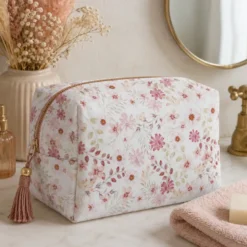 Tissu popeline Ambroise fleurs pastel roses fond blanc cassé