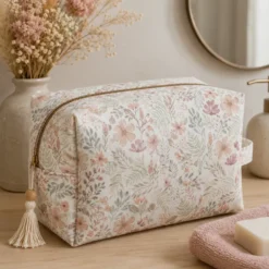 Tissu popeline Aurélien fleurs et plantes beige et rose fond blanc cassé