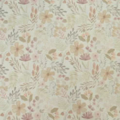Tissu popeline Aurélien fleurs et plantes beige et rose fond blanc cassé