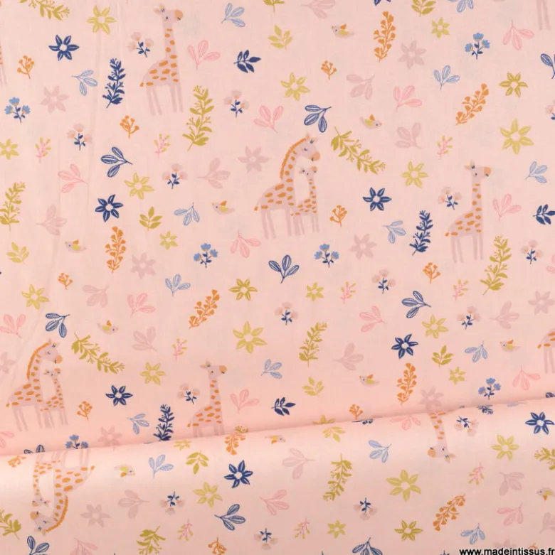 Tissu popeline Bio & OEKO TEX motifs girafes et fleurs fond rose - Poppy