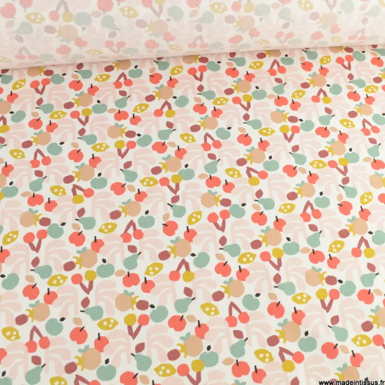 Tissu popeline Cancun motif fruits fond rose