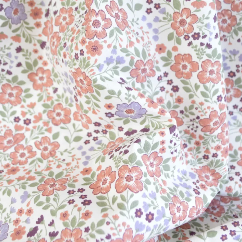 Tissu popeline coton Léontine fleurs parme, menthe et corail - OEKO TEX
