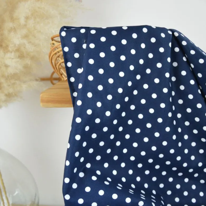 Tissu popeline coton motif Pois blancs fond bleu marine - OEKO TEX
