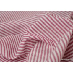 Tissu Popeline coton rayures cerise et blanc tissé teint